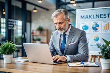 Fototapeta premium Focused businessman working on laptop in modern office