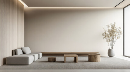 Minimalist Scandinavian - Japanese fusion interior design composition in neutral tones.Serene property interiors with ample copyspace.