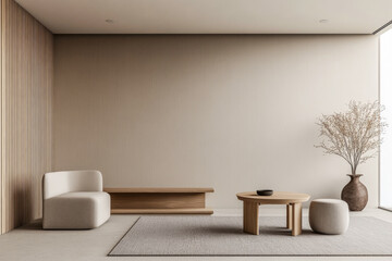 Minimalist Scandinavian - Japanese fusion interior design composition in neutral tones.Serene property interiors with ample copyspace.
