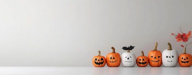 Line of jack-o-lanterns in orange and white with bat decor on minimalist background