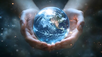 Hands Protecting Earth in a Bubble: Two hands cupped around the Earth, which is encased in a protective glass bubble, with a bright light shining through.
