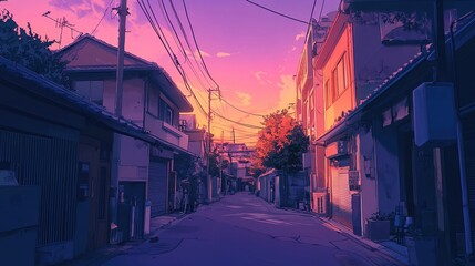 Lofi Beautiful Japanese Japan Tokyo City Town at Night - House at Street Anime Comic Artstyle Cozy Peaceful Peace Asian Wallpaper Background Purple Pink Orange Color
