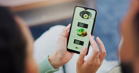 Hands, home and couple with menu, smartphone and order food with digital app, connection and network. Apartment, mobile user and man with woman, cellphone and typing with delivery service for meal