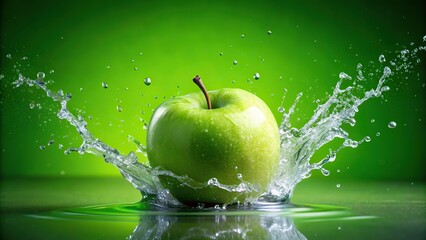 Water splashing on a fresh green apple placed on a vibrant green background creating a captivating forced perspective image, captivating, splashing, fresh, image, forced perspective, vibrant