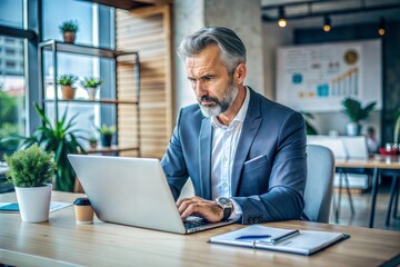 Obraz premium Focused businessman typing on laptop in modern office