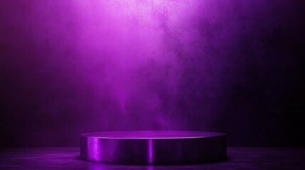 A minimalist, silver platform in a smoky purple studio setting.