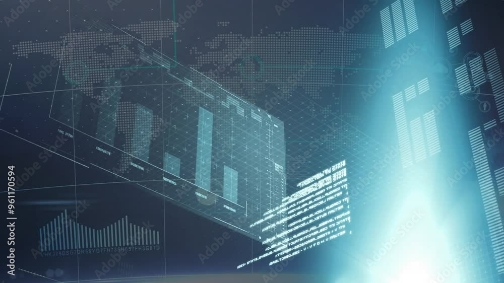 Poster world map and bar graphs with data processing animation over digital interface