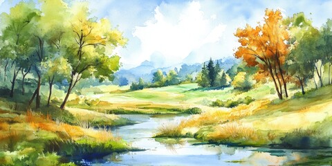 A Serene Watercolor Landscape Featuring Autumn Colors and Tranquil Waters