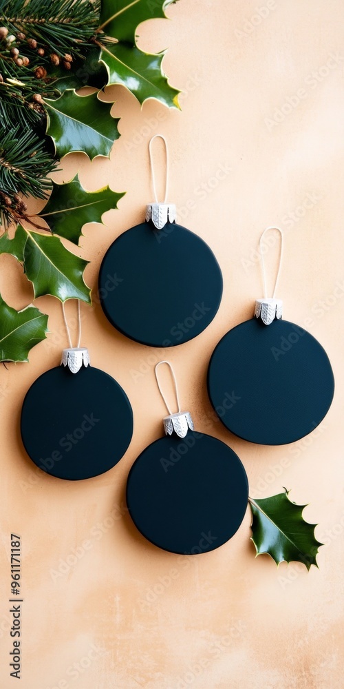 Poster minimalist christmas ornaments in dark green and charcoal grey on deep brown background with green t