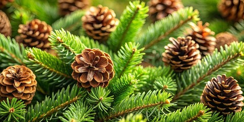 A close-up shot of pine cones and branches of Christmas fir trees