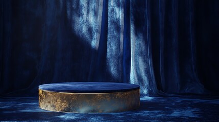 Fototapeta premium A luxurious blue velvet platform with a gold base, set against a backdrop of rich blue velvet curtains.