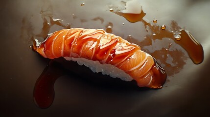 Salmon Sushi Nigiri with Soy Sauce Drizzle on Black Plate