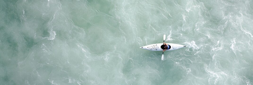 Solo Kayaker Navigating Rapids - Aerial View of Adventure Travel with Blue-Green Waters - Powered by Adobe