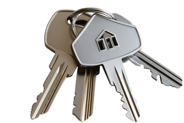 Gray House Keys with Keychain, Detailed View. Closeup keychains with alpha channel. Transparent. Cut-Out.