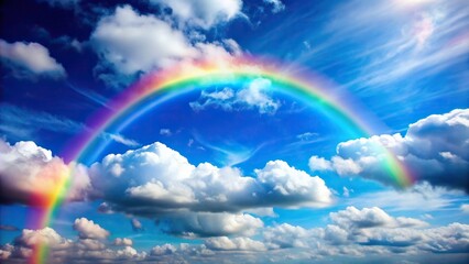 sunny, rainbow, Blue sky and white clouds serve as a serene backdrop for a vibrant rainbow silhouette casting a mesmerizing display of colors and creating a captivating atmosphere