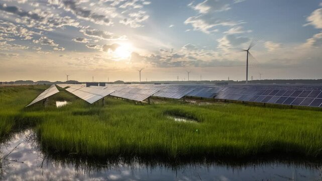 solar power station and wind turbines over sea