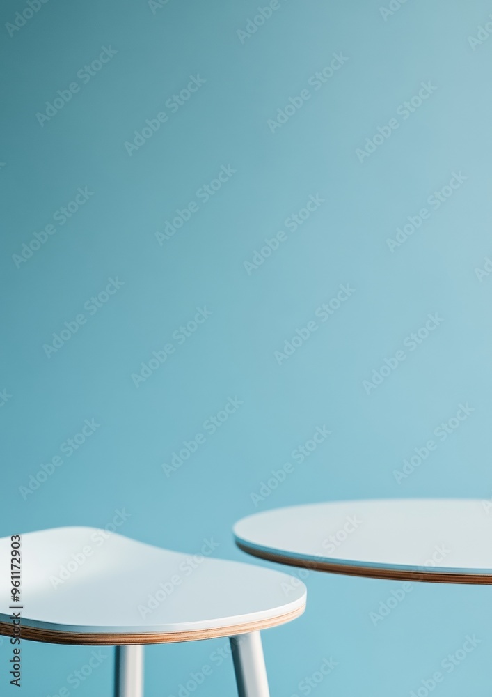 Poster minimalist pastel blue tables with serene sky background - calming and fresh design aesthetic for pr