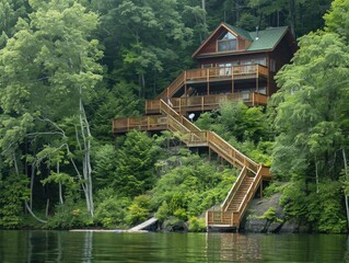 Tranquil Lakefront Cabin with Long Wooden Stairs and Forested Surroundings
