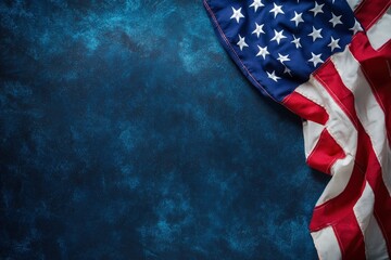 Part of the American flag is on a dark blue background with copy space for text. Top view. Close-up photo with generative ai