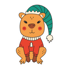 Capybara Dressed as Christmas Elf. Cute exotic animal wearing festive holiday costume. Hand drawn vector illustration