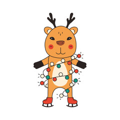 Christmas Capybara with Garland. Funny Holiday Exotic Animal with Deer Antlers and Ice-skates. Isolated vector illustration