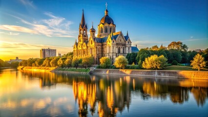 Obraz premium Grand Riverside Cathedral in Golden Morning Light Asymmetrical, reflection, majestic, city, historic, urban, dramatic,cathedral, riverside, golden, water, asymmetrical