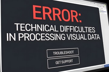 A computer screen displaying a large, red error message. The text says Error Technical difficulties in processing visual data 