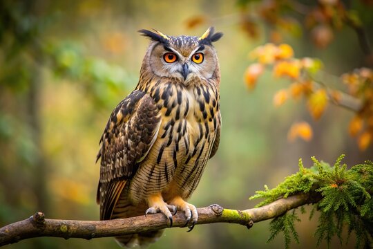 A stunning Eurasian Eagle Owl perched on a branch with a captivating depth of field, Eurasian Eagle Owl, bird of prey, perched, owl species, bird photography, captivating, eyes