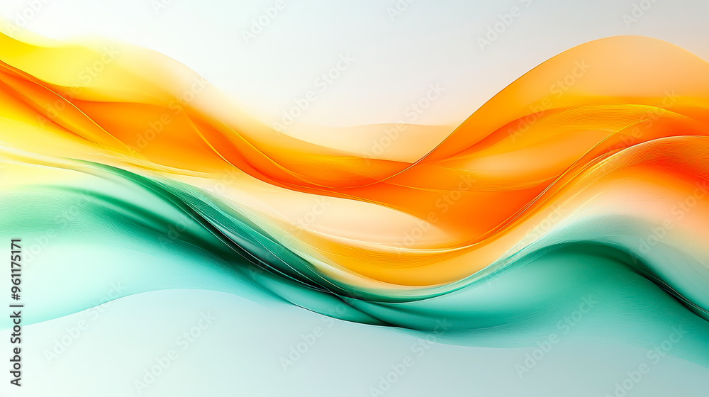 Poster abstract silky green and orange waves with fluid gradient motion on minimal modern background, smoot