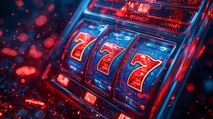 Obraz premium Slot machine Isolated on dark blue background. Online Casino slots banner concept. Lucky triple sevens. Gambling illustration.