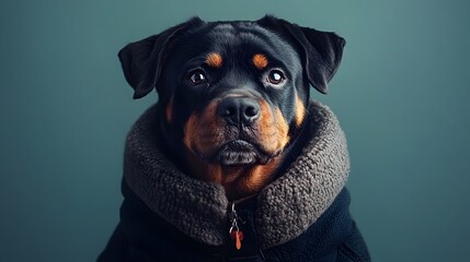 Fototapeta premium A Surreal Rottweiler Wearing a Classic Outfit Against a Soft Abstract Background