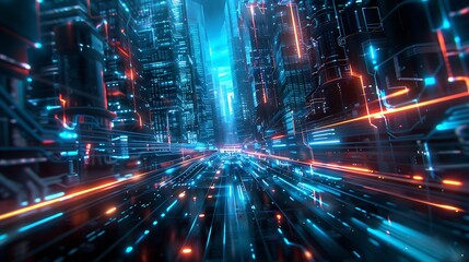 Fototapeta premium Abstract network neon light city with real time malware detection, cybersecurity, monitoring, data transferring, digital data