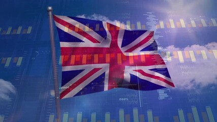 United Kingdom flag waving with financial data processing animation over blue sky - Powered by Adobe