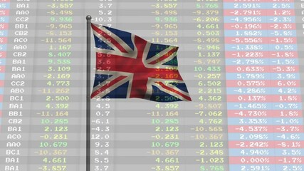 British flag waving over financial data animation with various numbers and percentages - Powered by Adobe