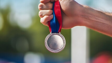 Medal Held by Hand Over Victory Podium: A close-up of a hand holding a medal, with a victory podium slightly blurred in the background.
