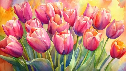 Fototapeta premium Vibrant Watercolor Tulips: A Stunning Floral Arrangement Captured in Colorful Delights