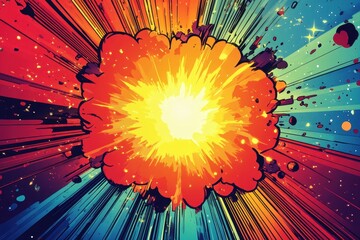 A vibrant explosion graphic with dynamic colors and lines, representing energy and impact.