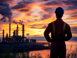 Male employee in overalls stands looking at gas industry, gas flares, work engineers day celebration, gas industry day.