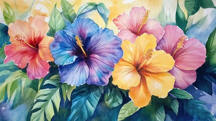 Vibrant Watercolor Hibiscus Flowers: A Tropical Floral Delight