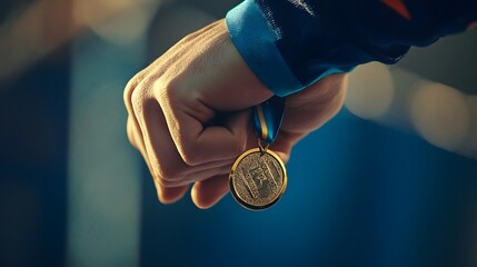 Medal Held by Hand Over Victory Podium: A close-up of a hand holding a medal, with a victory podium...