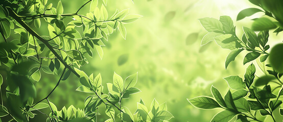 Close-up of fresh, fresh leaves hanging from branches in front of a vibrant green background.