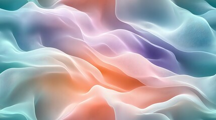 Fototapeta premium A gentle abstract wave pattern in pastel tones of light teal, peach, and lavender, with flowing lines creating a fluid, harmonious design that blends softly into each other --ar 16:9 --no logo --tile