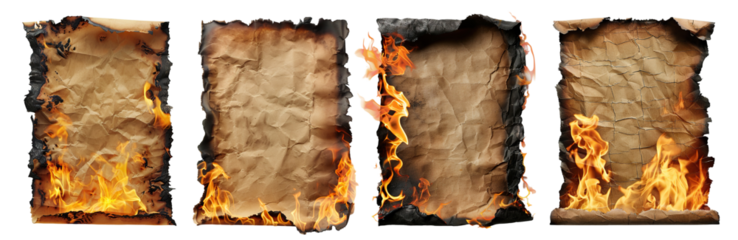 Set of burning, crumpled sheets of old paper, cut out