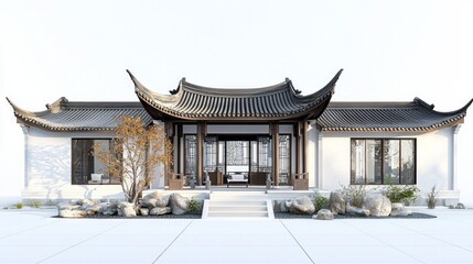 Fototapeta premium Adorable Chinese-style villa, 3D clay art technique, game-inspired architectural render, pristine white backdrop, high vantage point side view, detailed and charming design