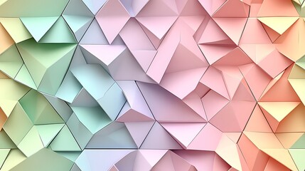Fototapeta premium A geometric pastel pattern of interlocking triangles and squares in soft pink, mint green, lavender, and baby blue, forming a modern yet gentle design,