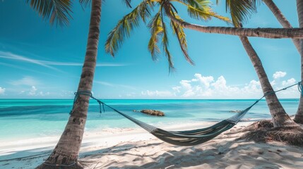 Fototapeta premium Beautiful tropical beach view with hammocks in palm trees