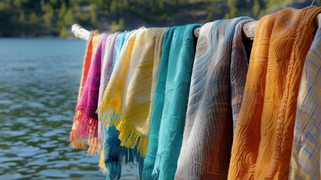 Colorful peshtemal towels with fringe hanging on a wooden rail, drying in the warm sun by a peaceful body of water. Made of soft cotton, they add a touch of summer