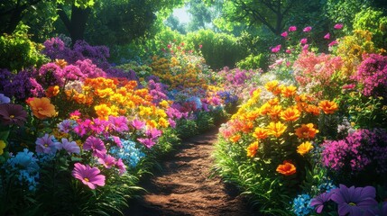 Organic flower garden, vibrant blooms in full array, 3D illustration