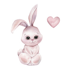 Watercolor cute hare and heart. Drawing of bunny in pastel warm and beige colors. Hand drawn illustration rabbit on isolated background for children. For childish shower greeting cards or invitations