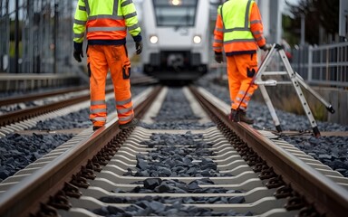 A focused view on railway tracks with a blurred background of railroad workers in high visibility clothing inspecting the site